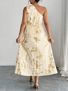 SHEIN LUNE Vestido con diseño plisado con lámina para mujeres de talla grande - Albaricoque - Ver 2