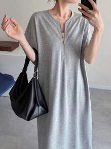 FRIFUL Vestido largo de verano holgado de unicolor con cremallera metálica casual para mujeres, vestido de graduación para damas - Gris Claro - Ver 4