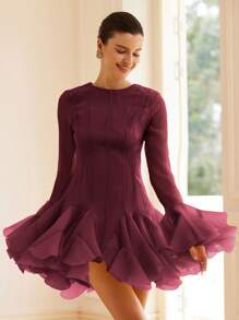 Aveloria Rosie 法国奢华高端 Diva 富家女设计师荷叶边下摆喇叭袖纹理面料荷叶边细节短款连衣裙女装秋季布料 - 酒紅色 - 查看 7