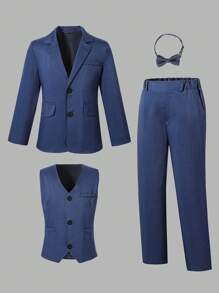 SHEIN 3 件套男童休闲优雅海军蓝绅士套装：西装背心和裤子，适合正式场合和派对 - 藏蓝色 - 查看 3