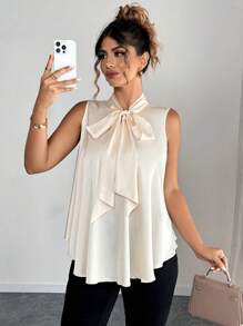 SHEIN Clasi Áo cánh không tay màu trơn cổ nơ rộng thanh lịch cỡ lớn cho nữ, thích hợp mặc hàng ngày, đi làm, đi chơi và hẹn hò - Màu be - Xem 5