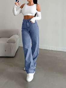 EURMUSE Snow Wash Straight Leg Jeans High Rise ,Petite Women - Medium Wash - View 7