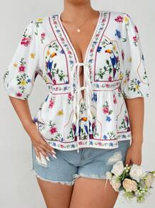 Flirla Blusa de manga farol con estampado de flores para tallas grandes de verano