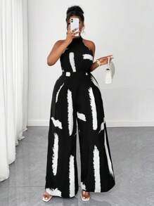 Maweii 女式大码休闲黑白印花挂脖拉链阔腿连体裤，百搭海滩度假风设计，2025 年春夏 - 黑與白 - 查看 1