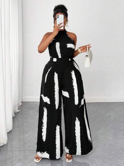 Maweii 女式大码休闲黑白印花挂脖拉链阔腿连体裤，百搭海滩度假风设计，2025 年春夏