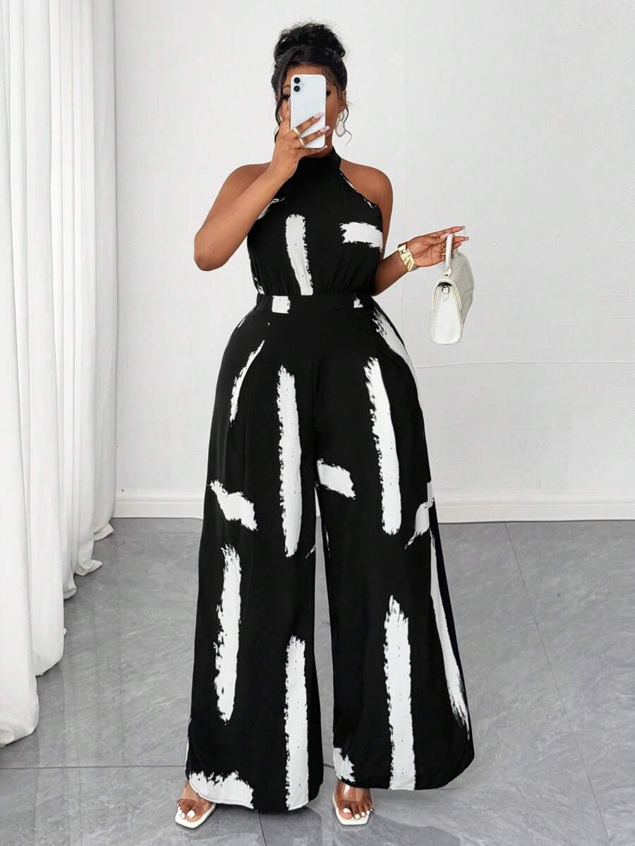 Maweii 女式大码休闲黑白印花挂脖拉链阔腿连体裤，百搭海滩度假风设计，2025 年春夏 - 黑與白 - 查看 1
