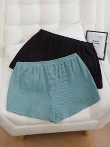 SHEIN 2pcs Plus Size Rib Knit Fake Drawstring Casual Lounge Shorts Sleep Shorts Set