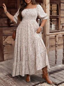 EMERY ROSE Plus Size Women's Bohemian Style Vintage Square Collar Romantic Multi-Color Ditsy Floral Long Layered Dress - Multicolor - View 5