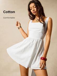 Easelle 荷叶边下摆棉质刺绣连衣裙 - 白色 - 查看 3