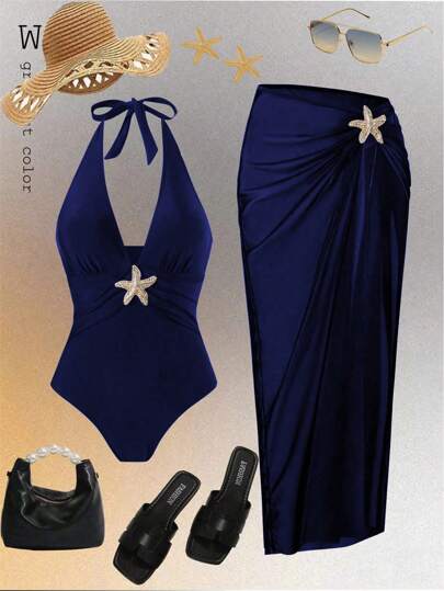 Swim Oasis جزء واحد بذلة سباحة صلبة اللون مزينة معدنية مع غطاء، بسيطة وعادية للنساء، مناسبة للأجازات الشاطئية في الصيف