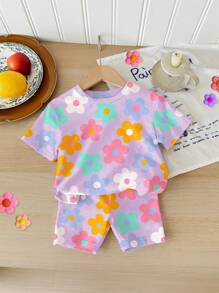 SHEIN 2件套年轻女孩休闲花卉印花T恤和短裤夏季套装 - 彩色 - 查看 2