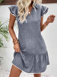 SHEIN LUNE 女式节日V领荷叶边袖休闲短款连衣裙 - 淺灰色 - 查看 5