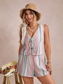 SHEIN VCAY Bộ đồ lót sọc dệt thường ngày cỡ lớn & quần short cạp cao rộng rãi cho nữ Bộ đồ mùa hè cho nữ Quần áo mùa hè Áo sơ mi mùa hè cho nữ Quần áo nữ Trang phục mùa hè, Bộ đồ hai mảnh cho nữ - Xanh và trắng - Xem 4