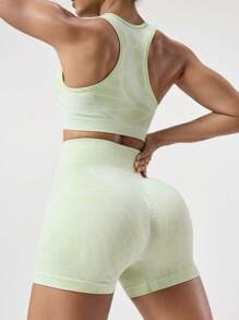 SHEIN Sports Conjunto de ropa deportiva de top de tirantes y shorts de unicolor simple para mujer - verde menta - Ver 2