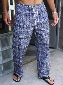 Manfinity Homme Pantalon décontracté ample à jambes droites avec taille à cordon pour hommes, à carreaux, gris-bleu, bleu clair, automne, streetwear, polyvalent pour escapade urbaine, vacances et rave - Bleu gris - Voir 6
