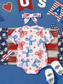 SHEIN Baby Girl Summer Bodysuit With Patriotic Element Prints, Pink, Comes With Matching Headband, Everyday/Outdoor Essential,4th Of July - Pink - View 3