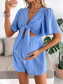 SHEIN 孕妇前打结腰部镂空短袖连体衣 - 藍色 - 查看 7