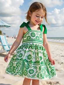 Travachic KIDS 花卉印花褶皱吊带连衣裙，年轻女孩 - 綠色 - 查看 8