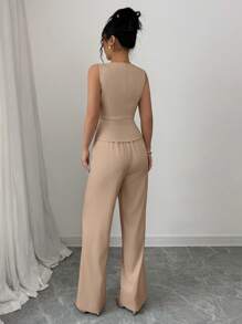 Elenzga 女士优雅无袖西装背心和西装裤套装，商务通勤风格，夏季 - 卡其色 - 查看 2