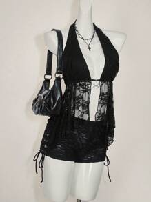 SHEIN ICON 女士蕾丝吊带背心，夏季时尚 - 黑色 - 查看 4