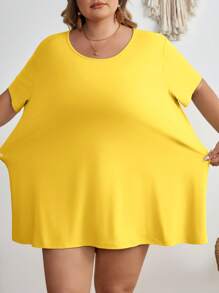 SHEIN CURVE+ Áo thun nữ cỡ lớn cổ tròn tay ngắn màu trơn, kiểu dáng thường ngày, màu vàng mùa hè/Áo thun cỡ lớn mùa hè/Kiểu đồng quê/Kỳ nghỉ biển/Trang phục đi biển - Màu Mù tạt vàng - Xem 4