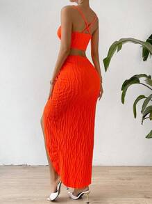 Chiquease 2pcs/Set Women Vacation Textured Camisole And Side Slit Midi Skirt Set - Orange - View 2