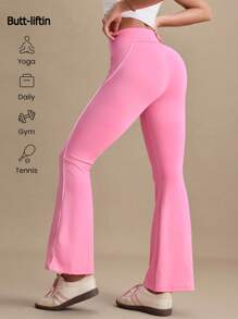 SHEIN Sovereign Charm Women's Plain Color Casual Flared Leg Pants, Minimalist Fashion Suitable - Pink - View 2
