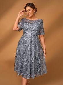 Serin Large Size Elegant Romantic Gorgeous Gray Blue Sequin Embroidery Round Neck Three-Quarter Sleeves A-Line Hem Medium Long Suitable For Dinner Bachelorette Party Date Dance Holiday Music Festival Wedding Event Evening Dress Bride Mother Dress Tea Party Dress