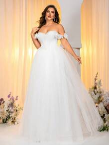 Glamrae 加大码优雅奢华 3D 花卉露肩缎面网眼拼布泡泡袖连衣裙，适合婚礼、派对、度假、舞会 - 白色 - 查看 7