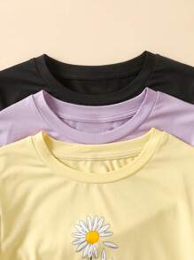 SHEIN Camiseta informal de manga corta con cuello redondo y estampado floral de margaritas para adolescentes, verano - Púrpura malva - Ver 4