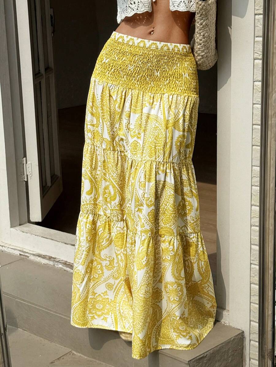 Sunnyshic Damska długa spódnica w stylu boho z nadrukiem, codzienna, na wakacje, wiosna/lato - Żółty - Zobacz 1