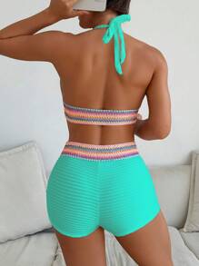 SHEIN Swim 2 chiếc/bộ mới xuân/hè màu xanh lá cây buộc dây xoắn hở lưng crop top và quần short, đồ bơi bikini dự tiệc bãi biển giản dị cho nữ - Màu xanh Bạc hà - Xem 2