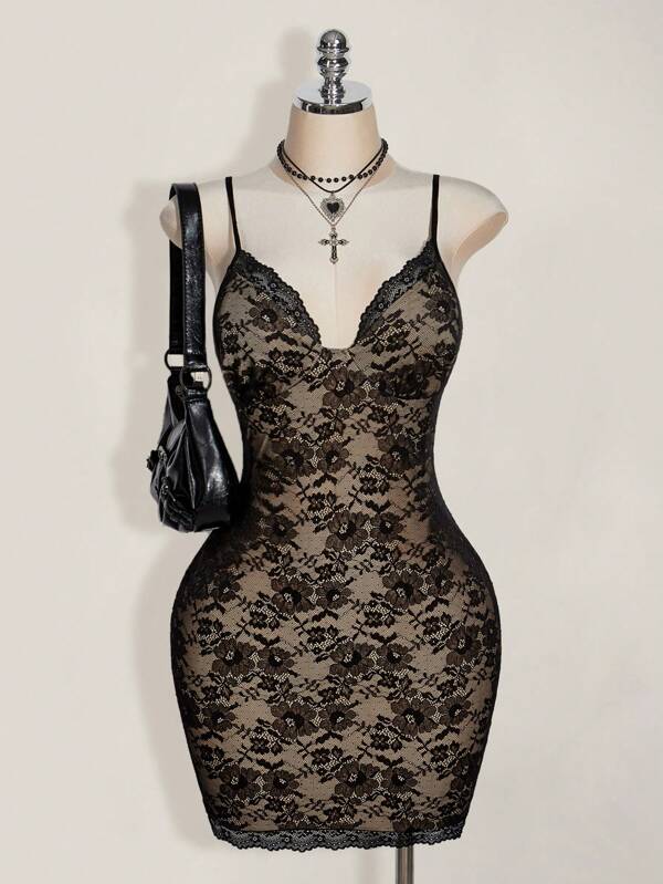 SHEIN ICON Vestido corset de tallas grandes con bloqueo de color y encaje con silueta A, estilo Y2K, vestido sexy