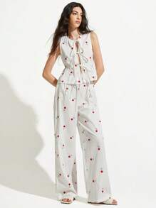 Aveloria GENKIRA Top com Bordado e Atacador + Calças Soltas de Cintura Elástica, Conjunto de 2 Peças, Estilo Doce, Roupa Leve de Verão para Mulher - Branco - Ver 3