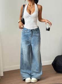 StreetHx Black Deep V Neck Ruched Open Back Halter Bodysuit, Highly Elastic & Comfortable, Slim Fit, Simple Design, Versatile For Casual Daily Wear, Spring/Summer