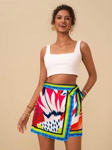 Travachic 女式花卉印花系带腰部不对称下摆时尚中长裙，度假风格