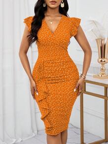 SHEIN Lady Đầm dự tiệc Giáng sinh Đầm công sở Đầm xòe xếp nếp in hình trái tim mặt trời đỏ dành cho nữ - trái cam - Xem 6