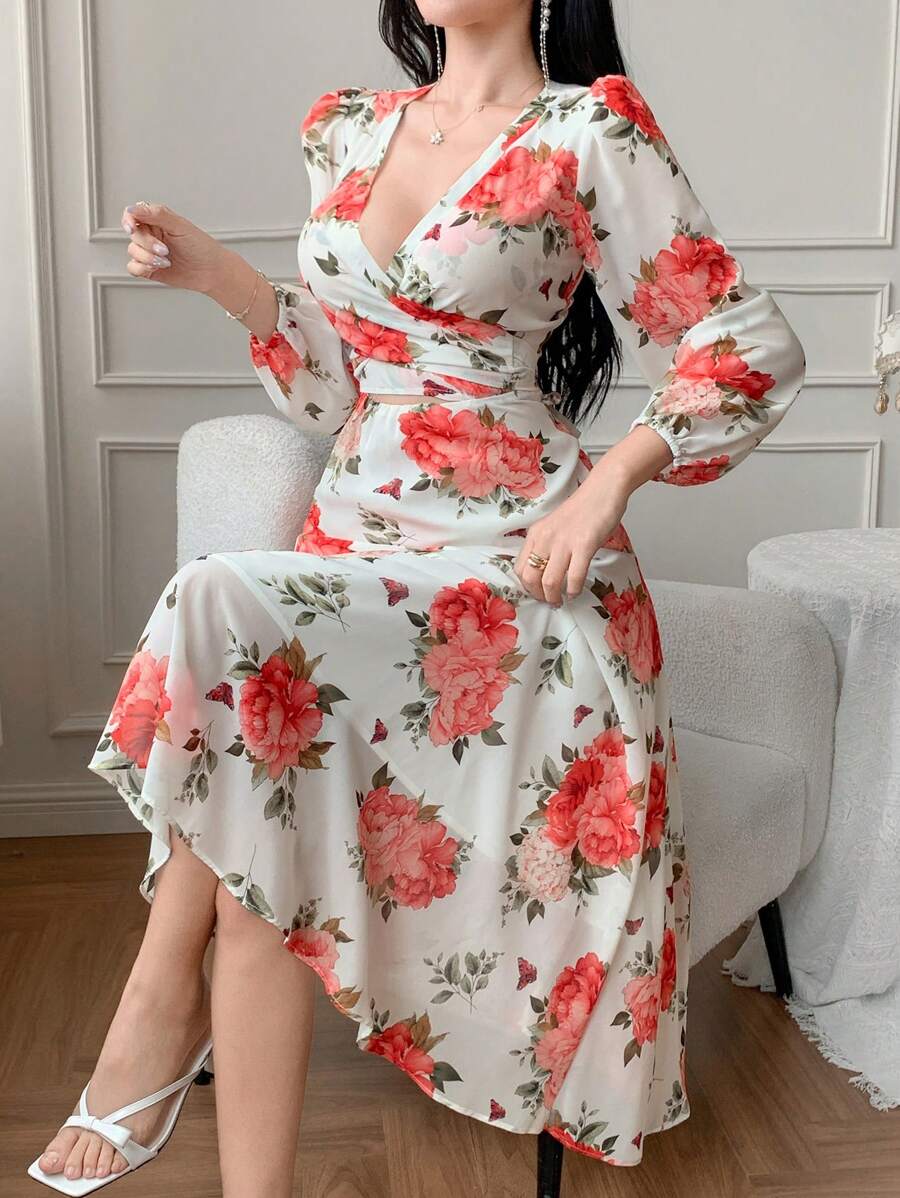 DAZY 女士花卉印花重叠V领灯笼袖优雅度假连衣裙，秋季连衣裙长袖连衣裙 - 白色 - 查看 1