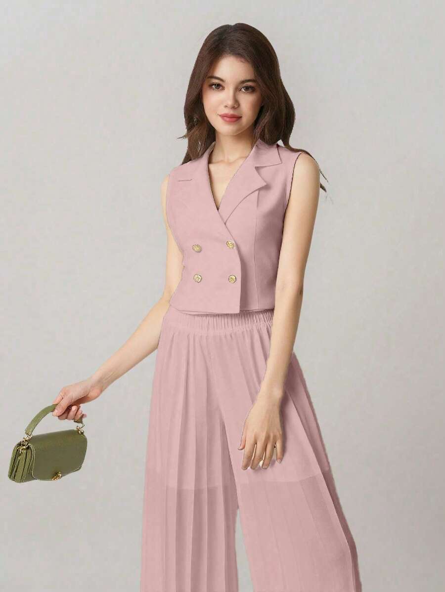 2 件套优雅少女领背心上衣和高腰褶皱裤套装，适合婚礼花童和伴娘的休闲装