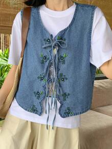 FRIFUL Women's Denim Sleeveless Blouse, Embroidery Flower Tie-Front Casual Loose Fit, Suitable For Vacation And Festivals,Back To School Clothes - Light Wash - View 6