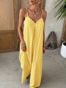 Vivid Eden 女士纯色宽松休闲阔腿度假连体裤 - 黃色 - 查看 1