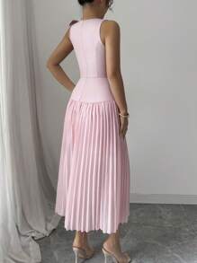 Elenzga Women's Bow-Knot Splicing Chiffon Pleated A-Line Dress - Pink - View 2