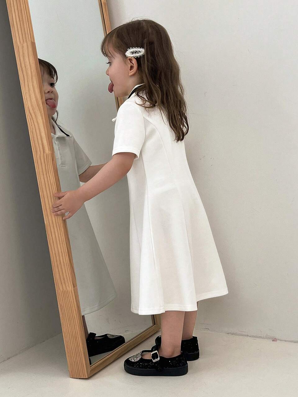 Baby Girl Loose Casual Polo Collar Solid Color Short Sleeve Mid-Length Dress, Summer