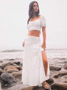 WESTFADE 夏季西部花卉孔眼纽扣前褶皱分层纳什维尔牛仔竞技长裙 - 白色 - 查看 4