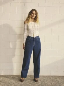 Aralina Damen Bodysuit mit floralem Jacquard, asymmetrischem Kragen und Langarm