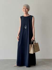 FRIFUL 女式纯色褶皱后背宽松长款连衣裙，无袖圆领休闲沙滩装，夏季 - 藏蓝色 - 查看 2