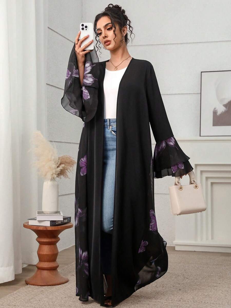 Yasmyna 女式阿拉伯长袍长袖网眼透视连衣裙,夏季时尚,端庄 - 紫色 - 查看 1