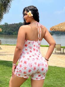 SHEIN EZwear Plus Size Women Floral Print Twisted Strap Jumpsuit Romper, Summer Vacation - Orange - View 2