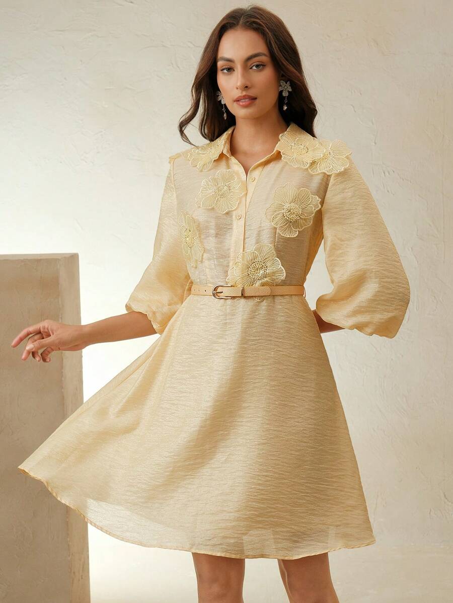 Women's Floral Decor Half Placket Short Dress, Elegant And Casual - Yellow - View 1