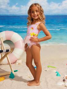 BABY SHARK X SHEIN Young Girl Cartoon Shark Print Mesh Splice One-Piece Swimsuit